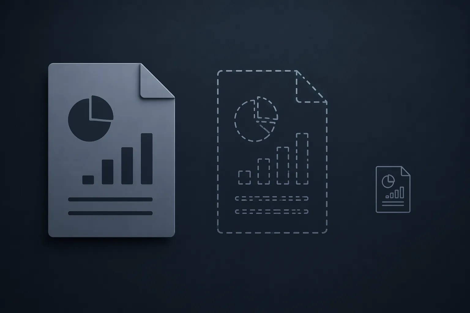 Three document icons of decreasing size showing different levels of financial scale and authority