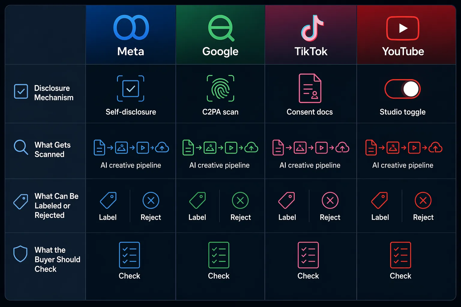 Comparison matrix for Meta, Google, TikTok, and YouTube AI content labeling enforcement
