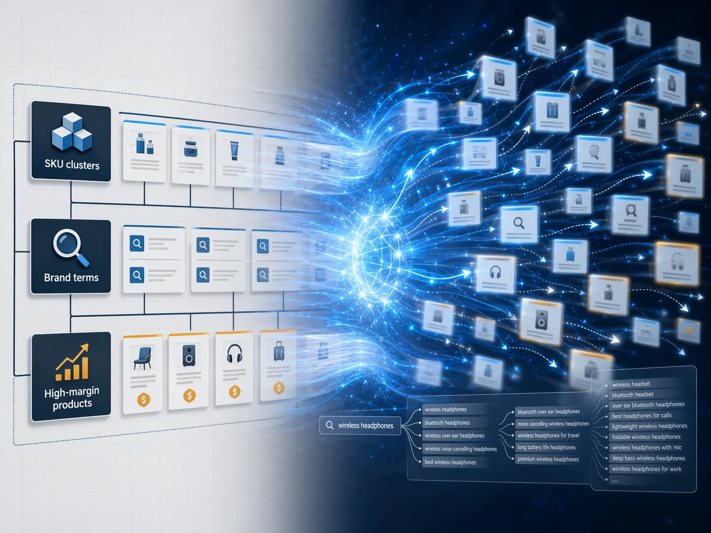 Structured ecommerce campaign architecture dissolving into broader AI Max keyword and URL expansion