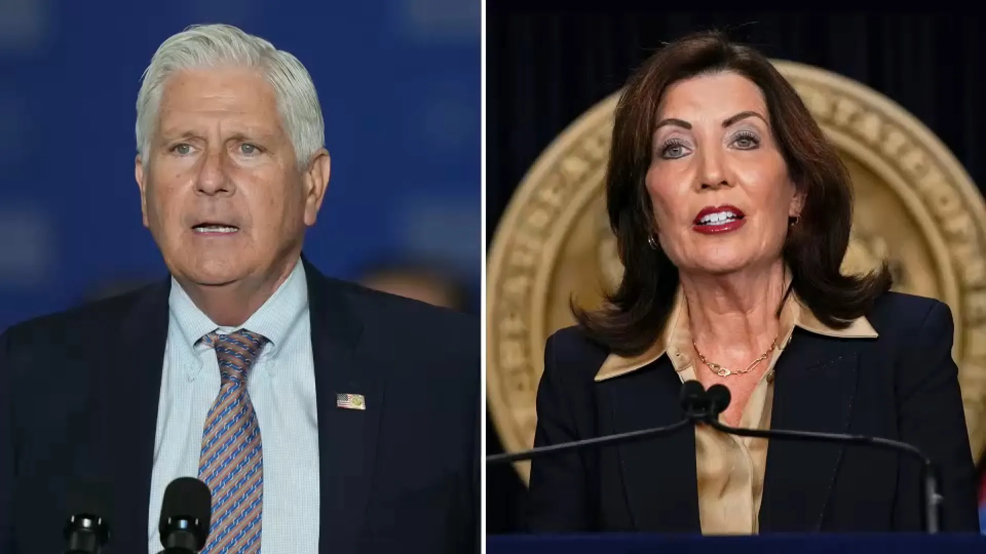 Side-by-side portrait of Kathy Hochul and Bruce Blakeman in the AI campaign ad controversy