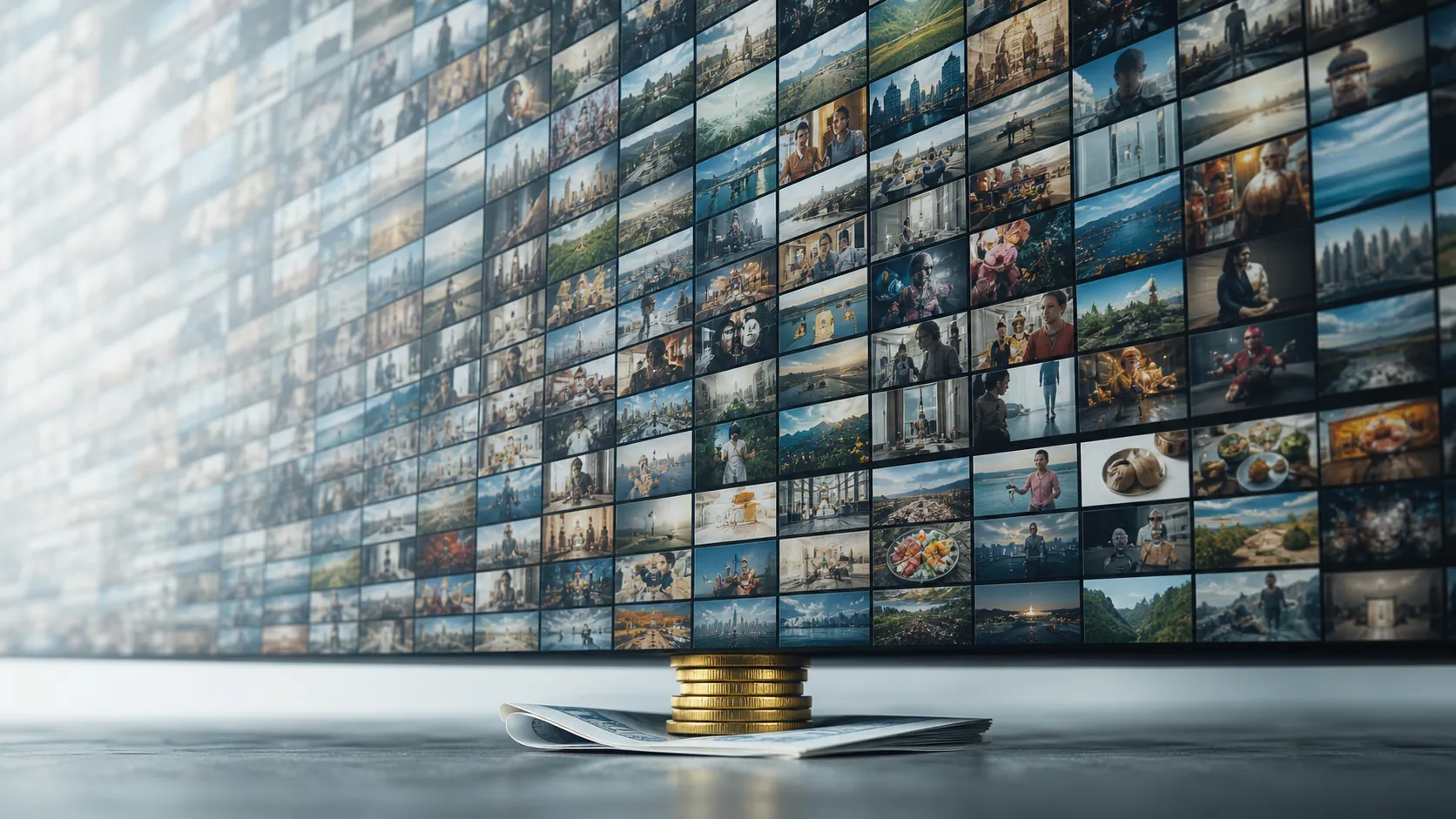 A vast wall of stock-photo thumbnails resting on a fragile stack of coins and a financial document