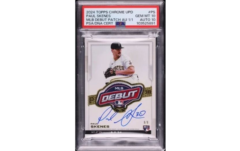 Paul Skenes debut patch card displayed in a Dick's Sporting Goods retail showcase