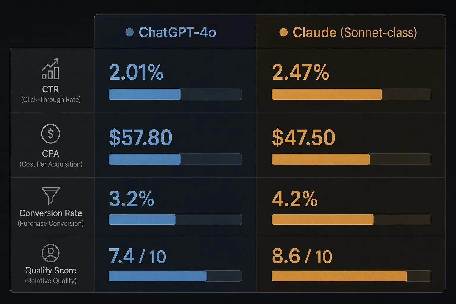 Comparison chart showing ChatGPT-4o baseline CTR, CPA, and conversion rate versus a Claude Sonnet-class model