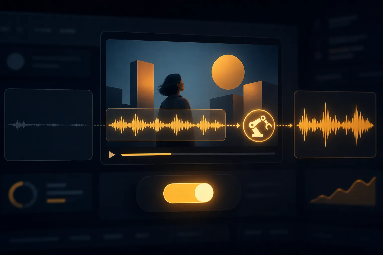 Video ad player with an audio waveform automatically layered over the frame and a toggle switched on