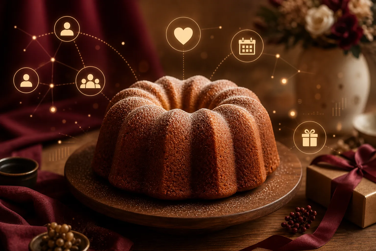 Bundt cake surrounded by occasion and data icons