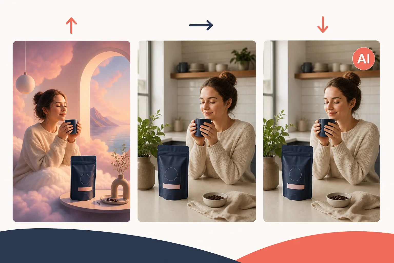 Three-panel comparison of fully synthetic AI creative, retouched human photo, and disclosed AI creative with different click effects