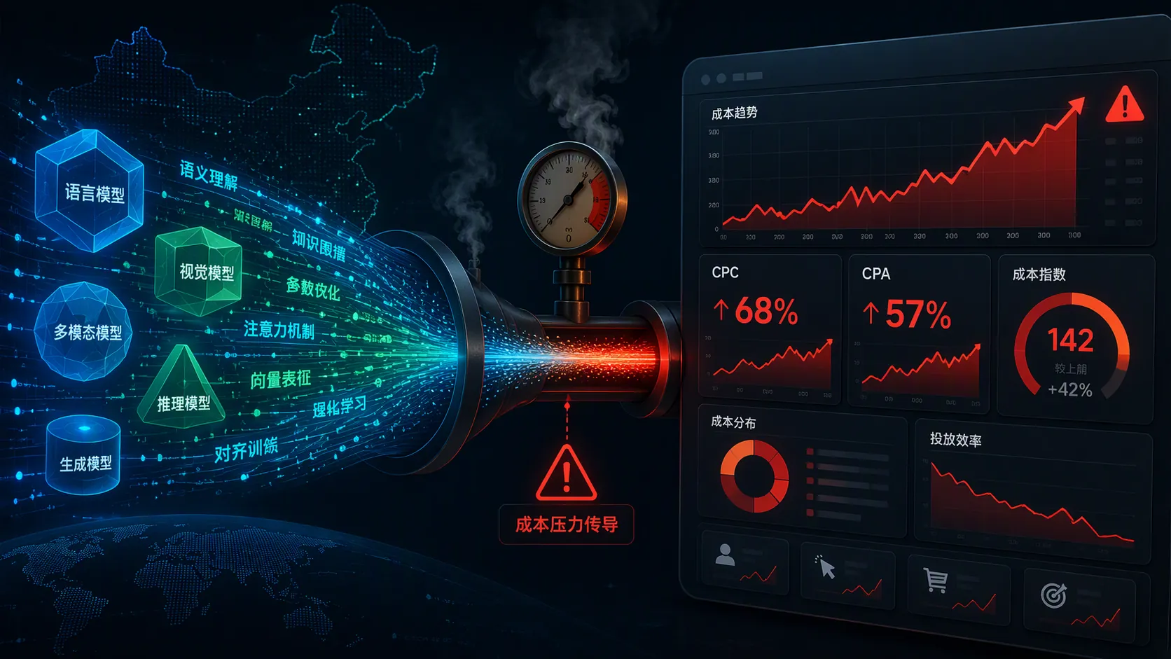 Chinese AI model data streams flowing into an advertising dashboard with rising CPC and CPA warning indicators