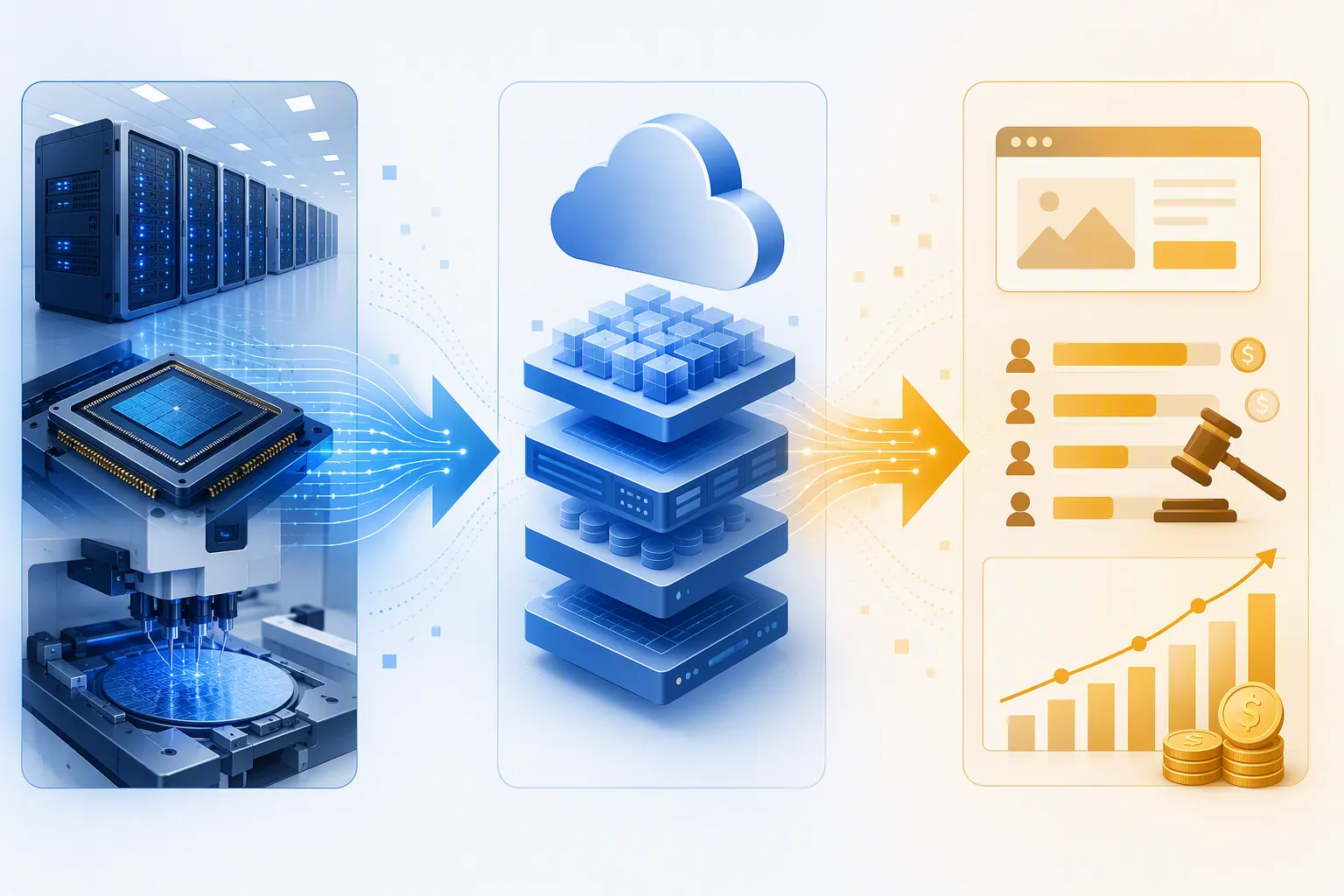 Flow from AI data centers and semiconductor testing through cloud platforms to rising ad auction prices