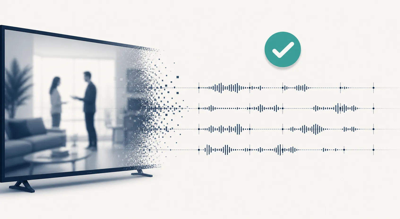 A video ad dissolving into a timestamped audio waveform with a verification checkmark