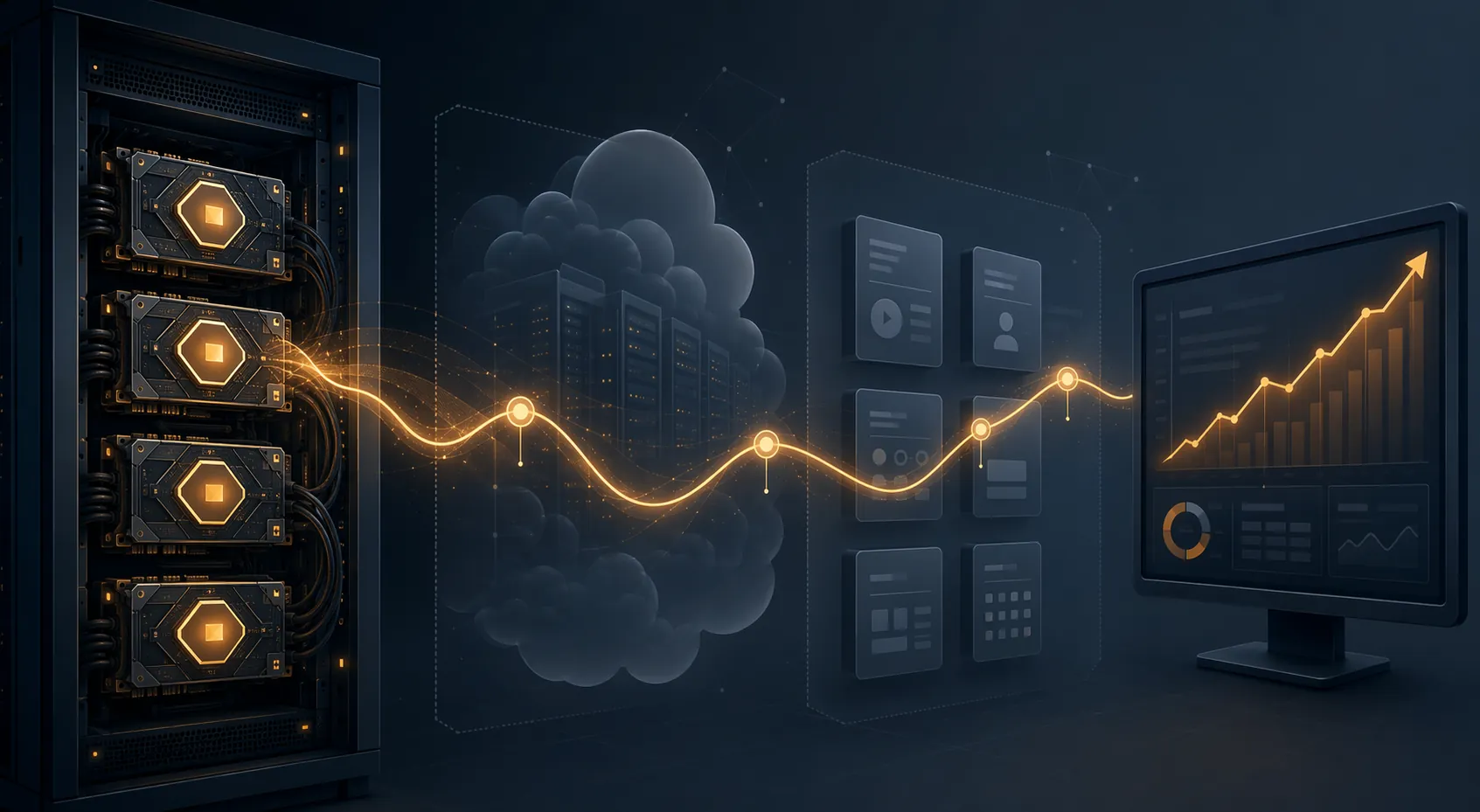 Illustration of GPU infrastructure cost pressure flowing through cloud and ad-tech systems into a rising CPM dashboard