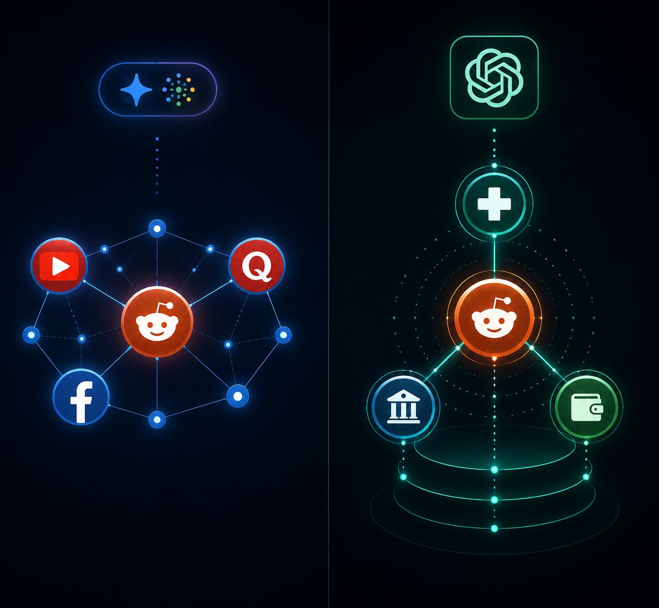 Side-by-side citation networks contrasting Google AI Overview social-web bundling with ChatGPT community-authority layering