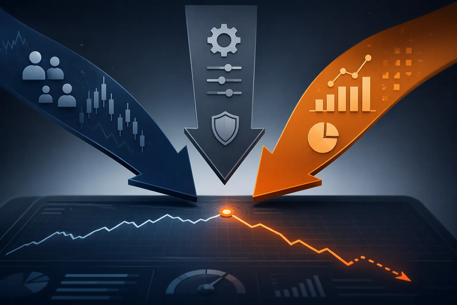 Three pressure-signal arrows converging toward a dashboard inflection point for AI advertising spend