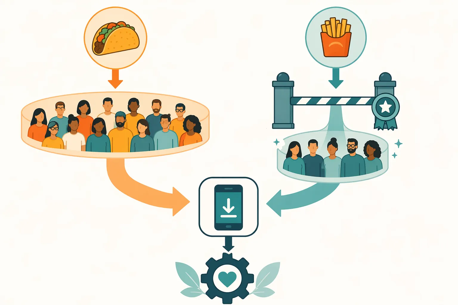Flow diagram showing an open taco path and a gated fries loyalty path merging into an app install and loyalty engine