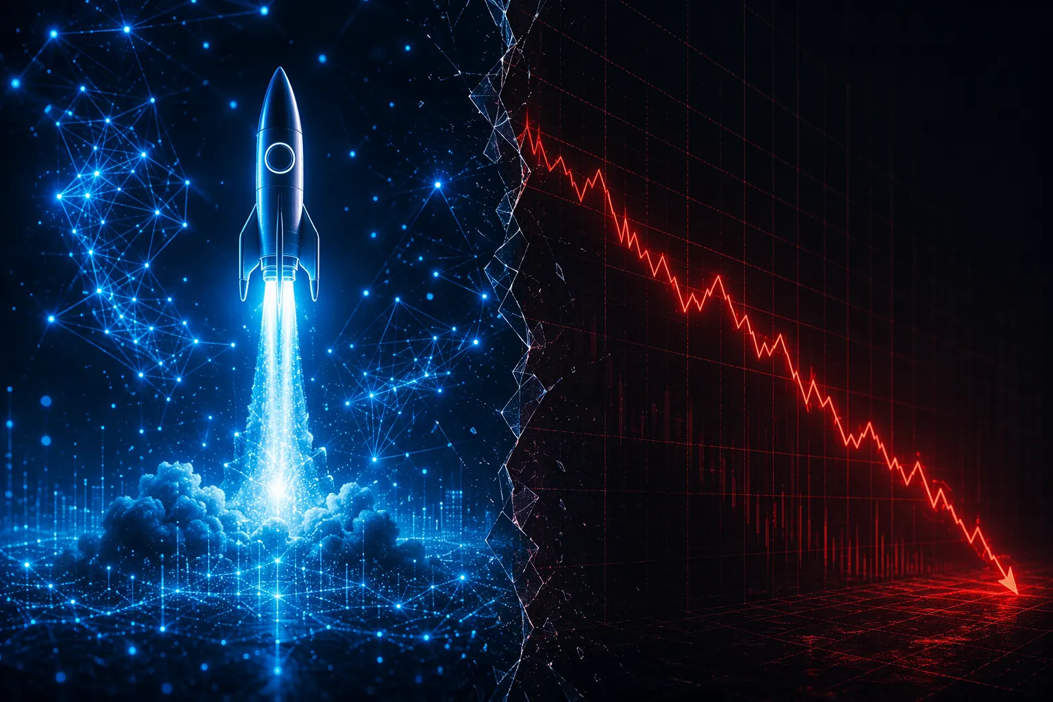 Rocket launch and AI network imagery split from a declining financial chart