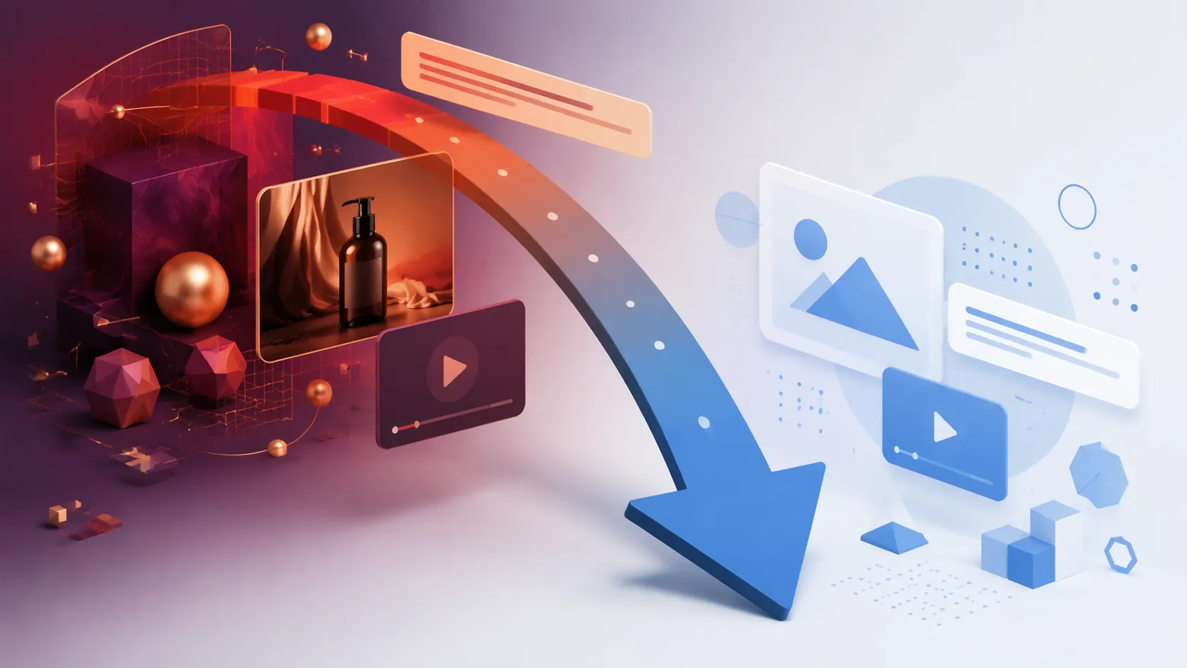 Cost gauge moving from high-cost to low-cost territory with ad creative elements for copy, product images, and video