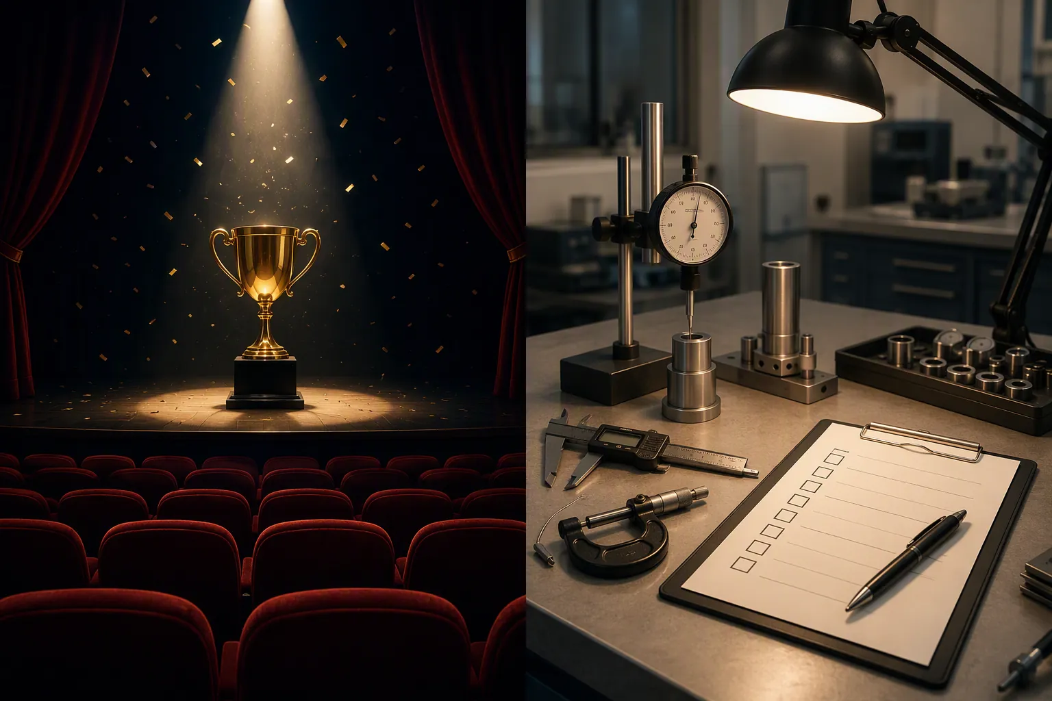 Editorial split scene contrasting performance theater with production testing