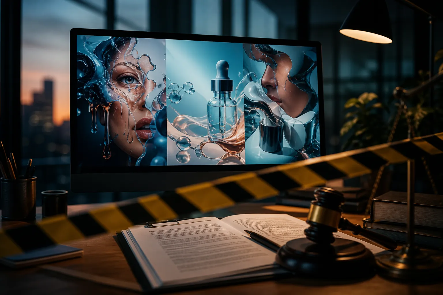 Media buyer desk with AI-generated ad imagery, contract papers, gavel, and warning tape