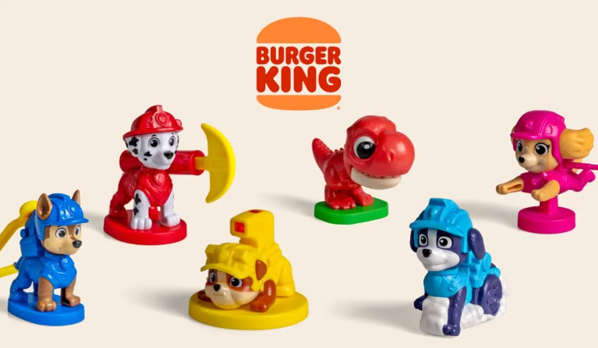 Six Paw Patrol: The Dino Movie collectible toys from Burger King's King Jr. Meal promotion