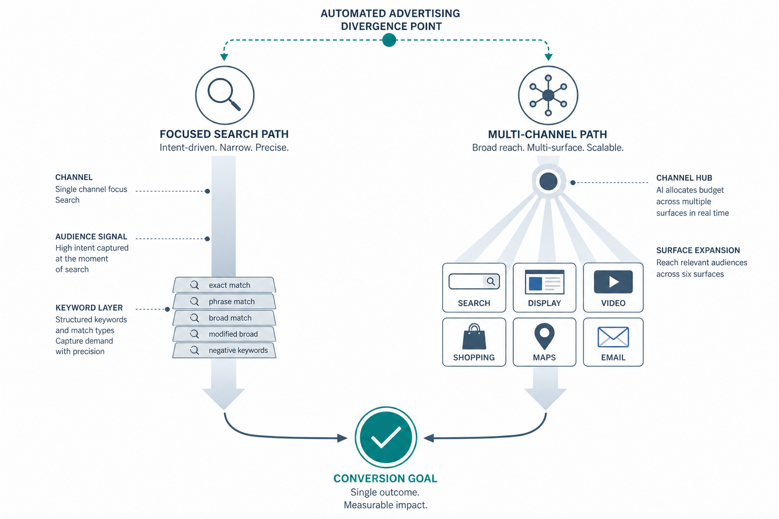 Split-path diagram showing AI Max for Search on the left as a narrow, intent-focused search funnel and Performance Max on the right as a multi-channel hub radiating to six surfaces, both converging at a shared conversion goal.