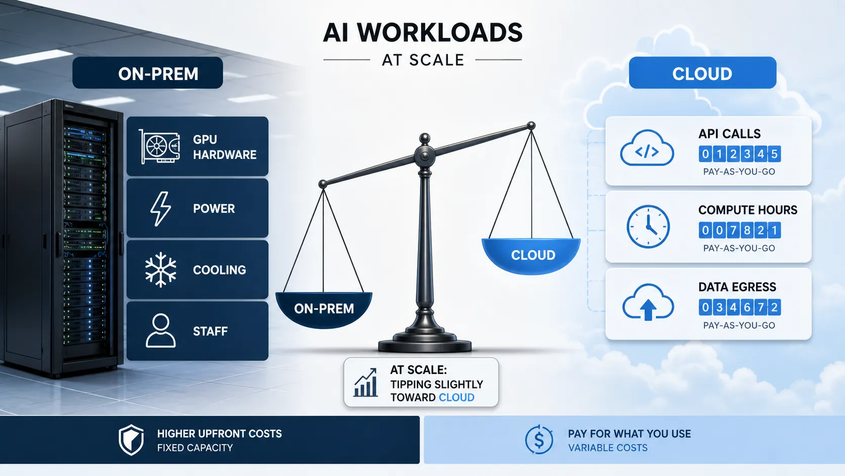 On-premises AI workload costs compared with cloud metered compute and API costs