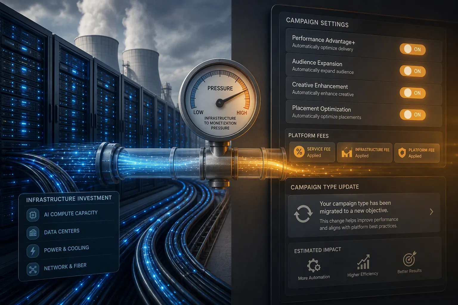 AI data center infrastructure connected to an advertising control panel with automated toggles, fees, and migration notices