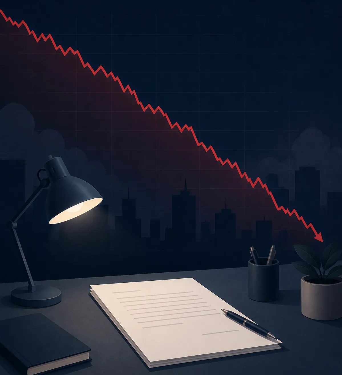 A steep red stock chart falls behind a calm desk with a contract, pen, and lamp