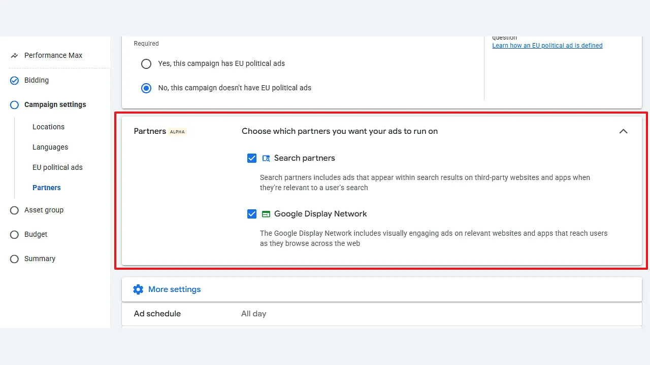 Google Ads Performance Max settings interface showing partner network control toggles for Search Partners and Display Network opt-out