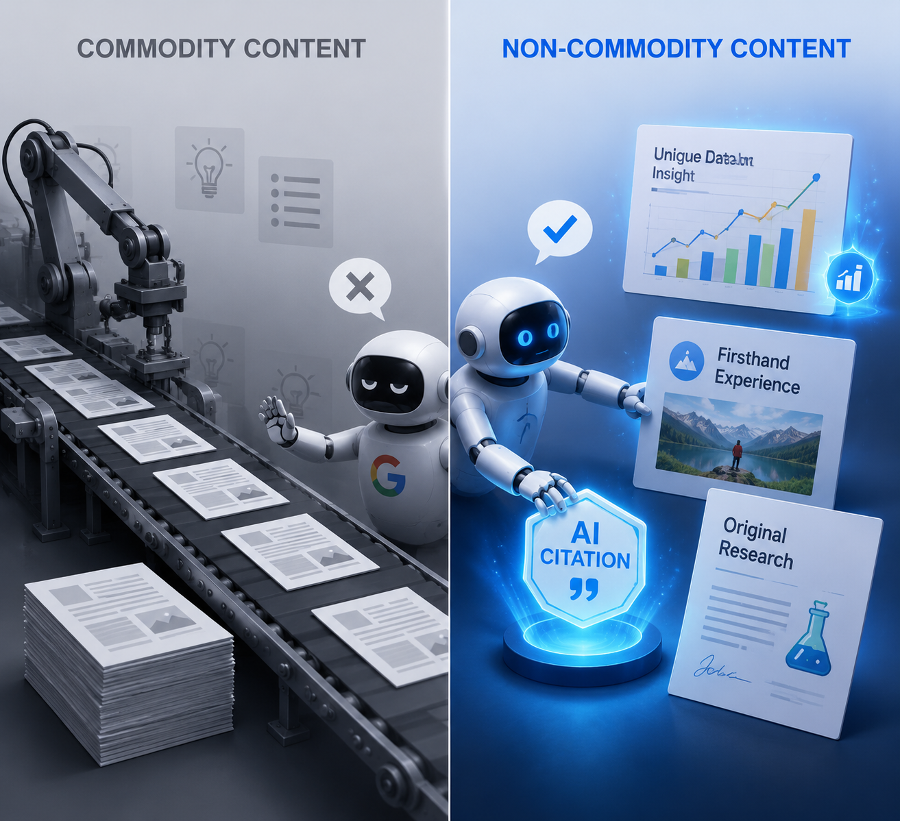 Commodity content on an assembly line compared with non-commodity content earning an AI citation badge