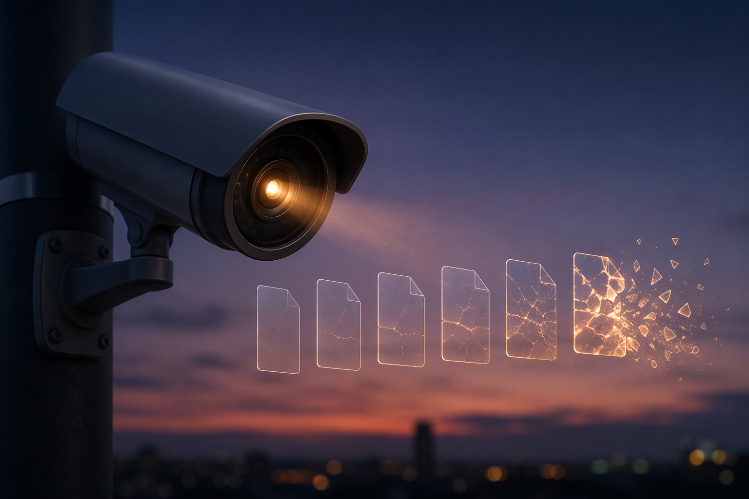 Surveillance camera surrounded by cracked document shapes representing compounding credibility failures