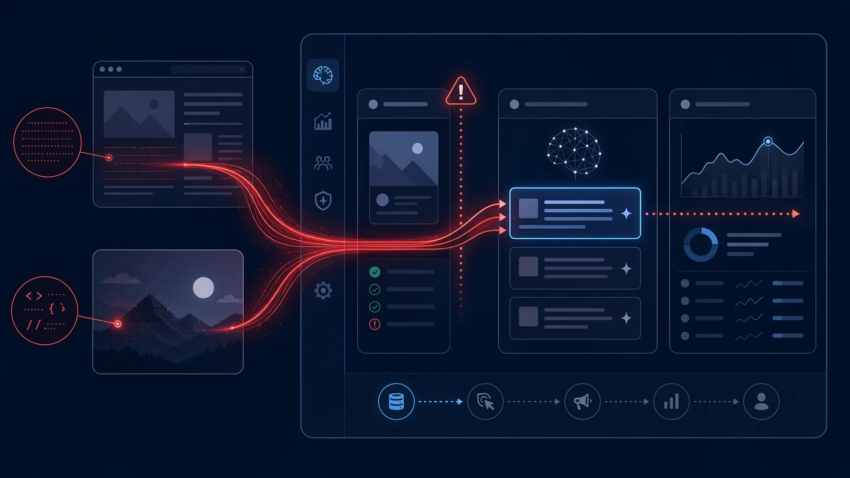 AI ad campaign workflow showing hidden malicious instructions moving through creative review, creative generation, and toward bidding risk