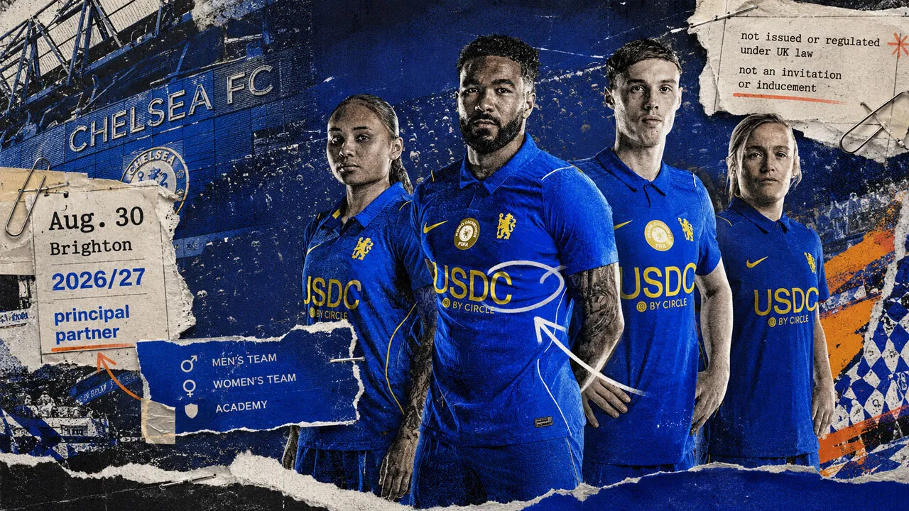 Chelsea home shirt featuring USDC by Circle front-of-shirt sponsorship branding
