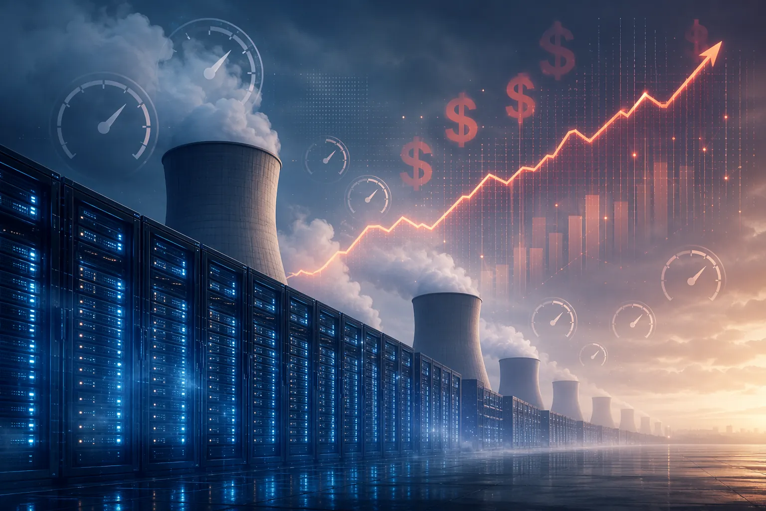 Glowing server racks and data center cooling towers with upward-trending pricing indicators