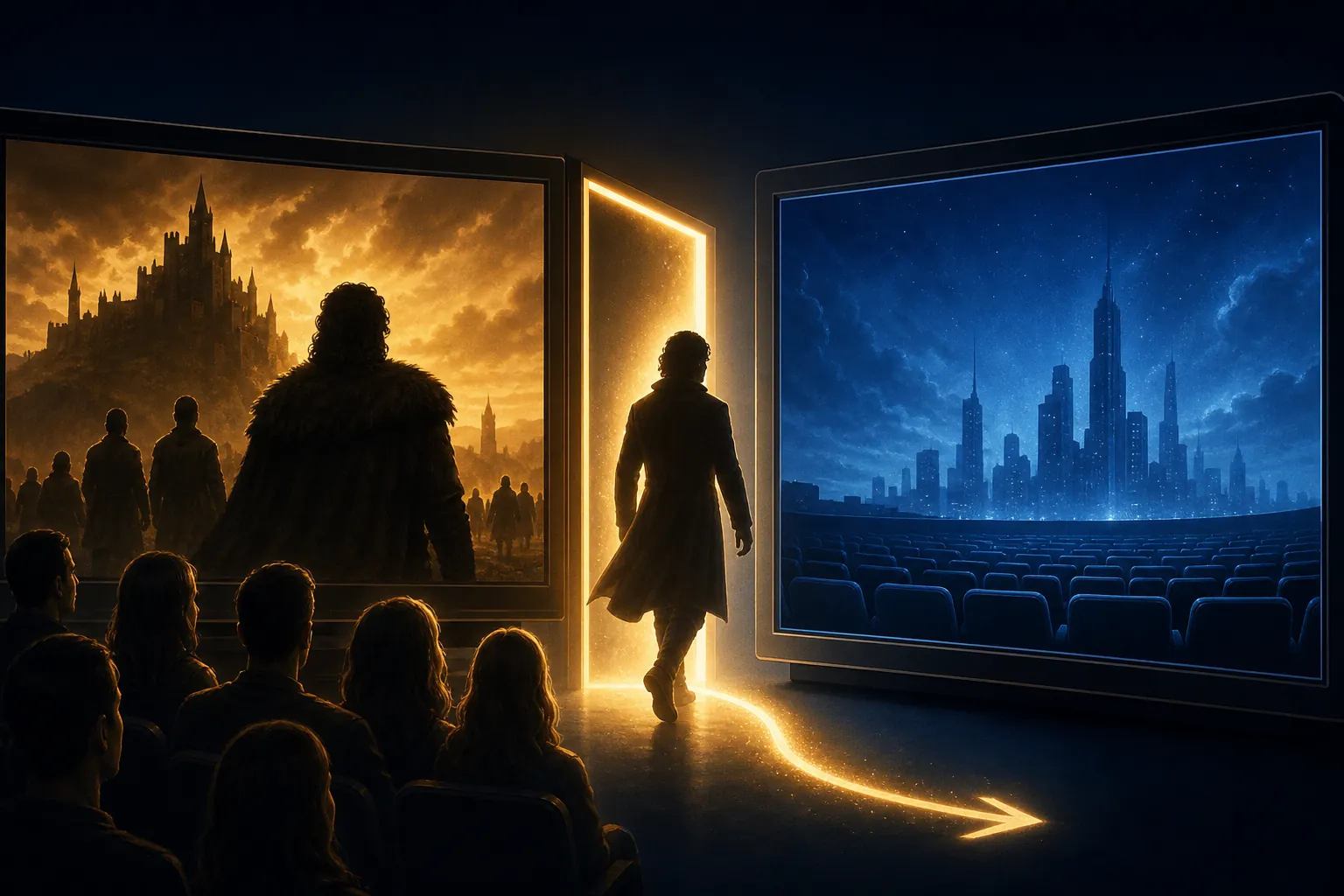 Character silhouette stepping through a glowing doorway from an existing series frame into an upcoming spinoff frame