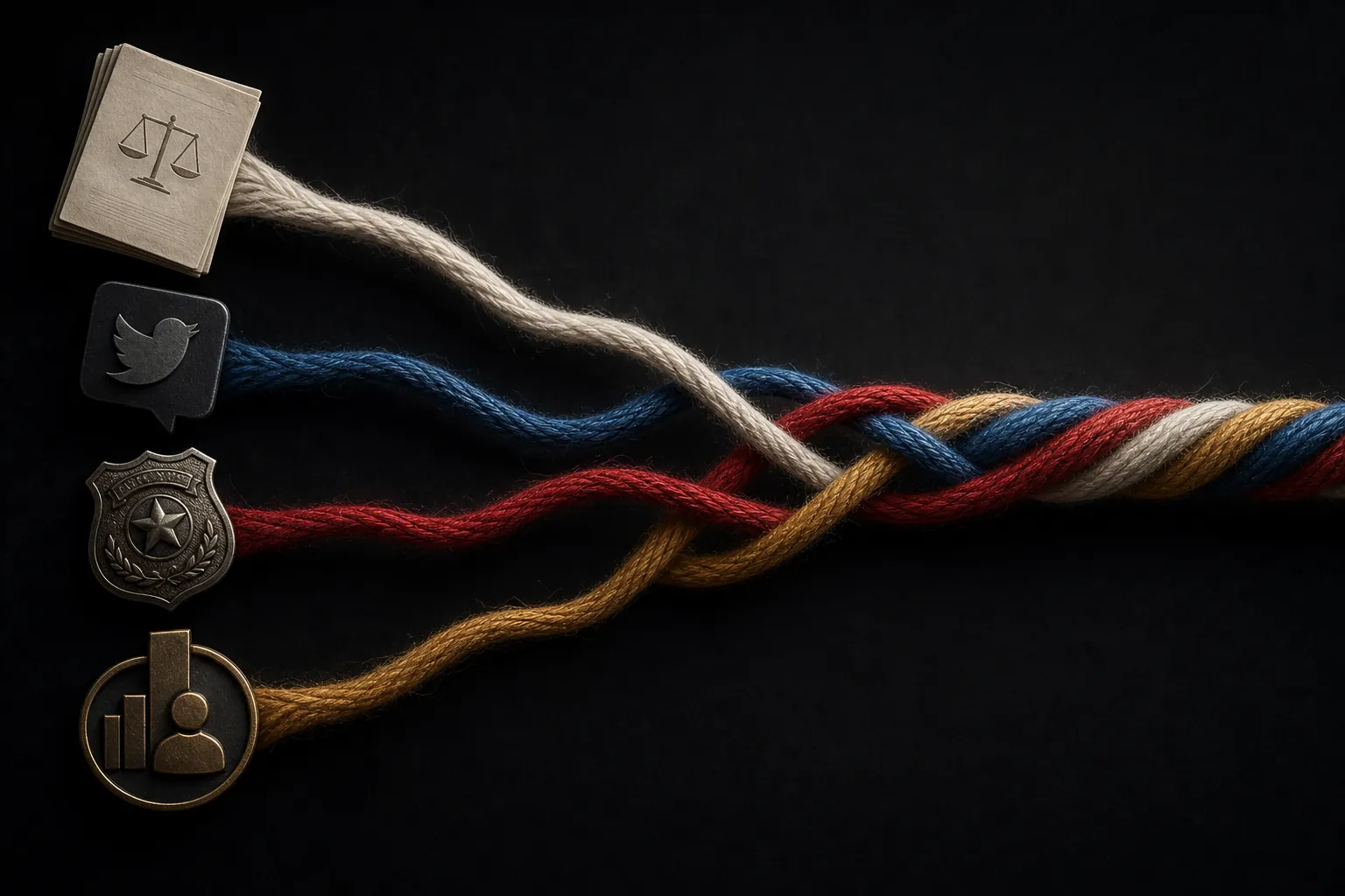 Separate legal, social media, fraud, and ownership threads converging into one tangled brand narrative