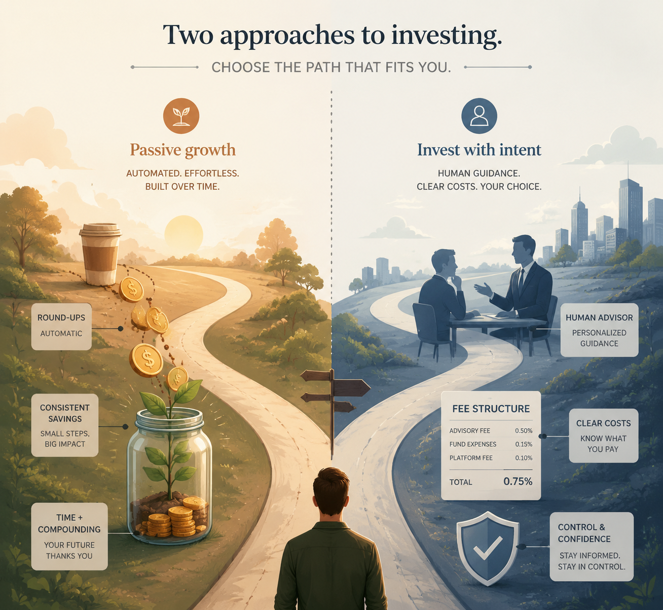 Fork-in-the-road illustration contrasting passive automated saving with advisor-supported cost-conscious investing
