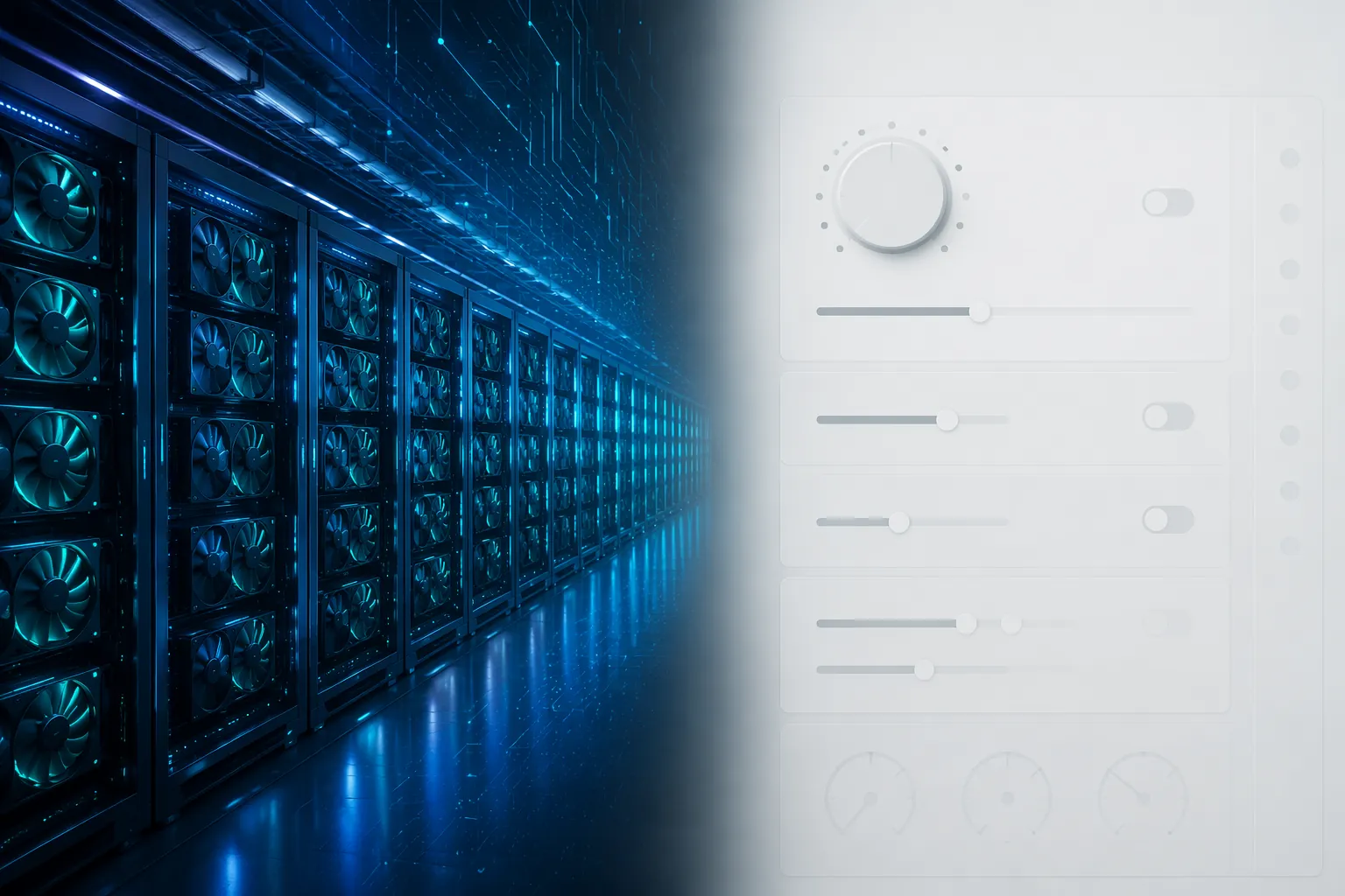 GPU server racks fading into an ad campaign dashboard with shrinking controls and automation toggles