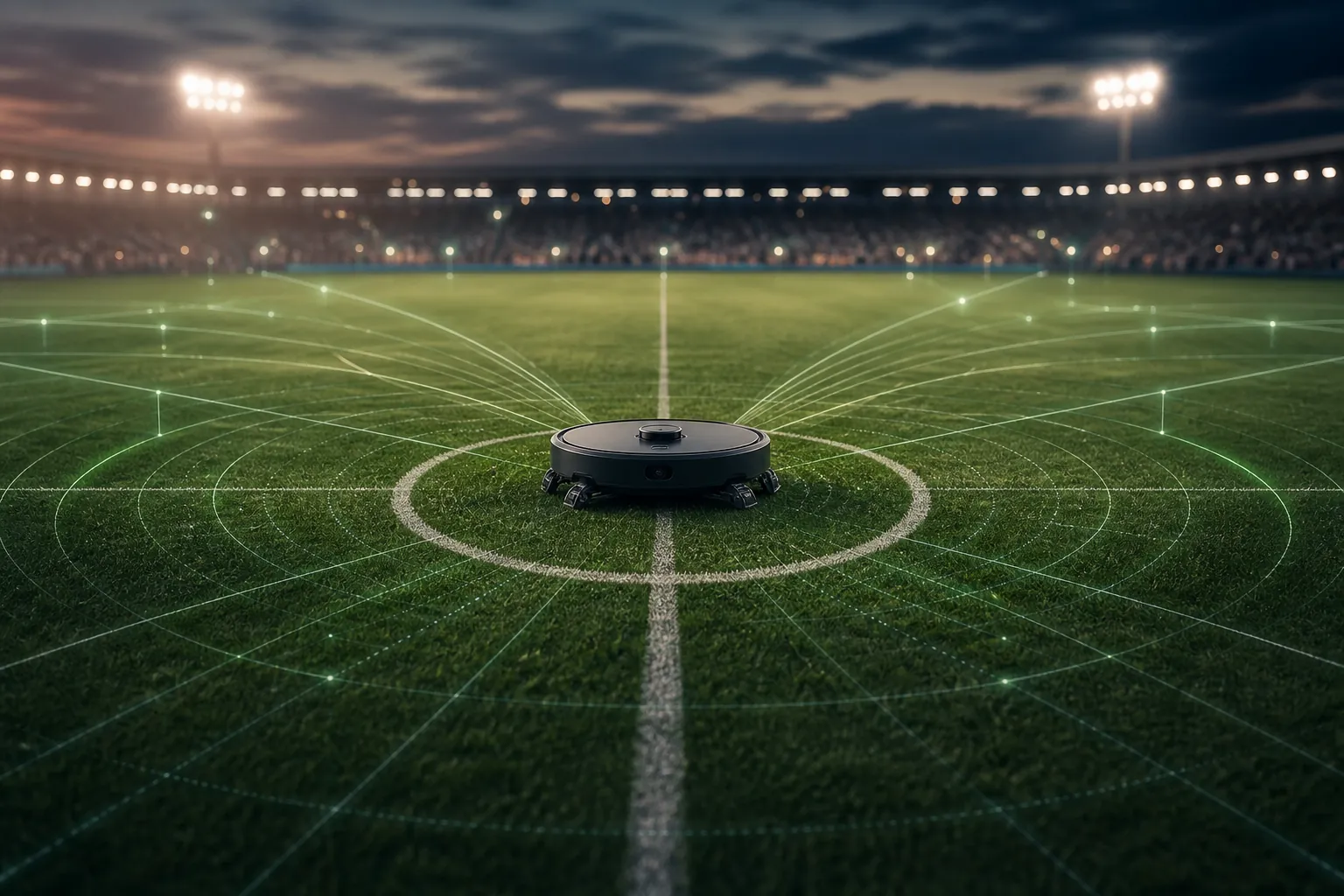 Robotic vacuum at the center circle of a soccer pitch with layered campaign rings spreading toward a stadium