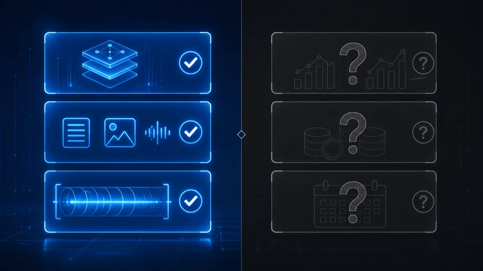 Split comparison of confirmed shipped features and missing audit items for an AI model preview