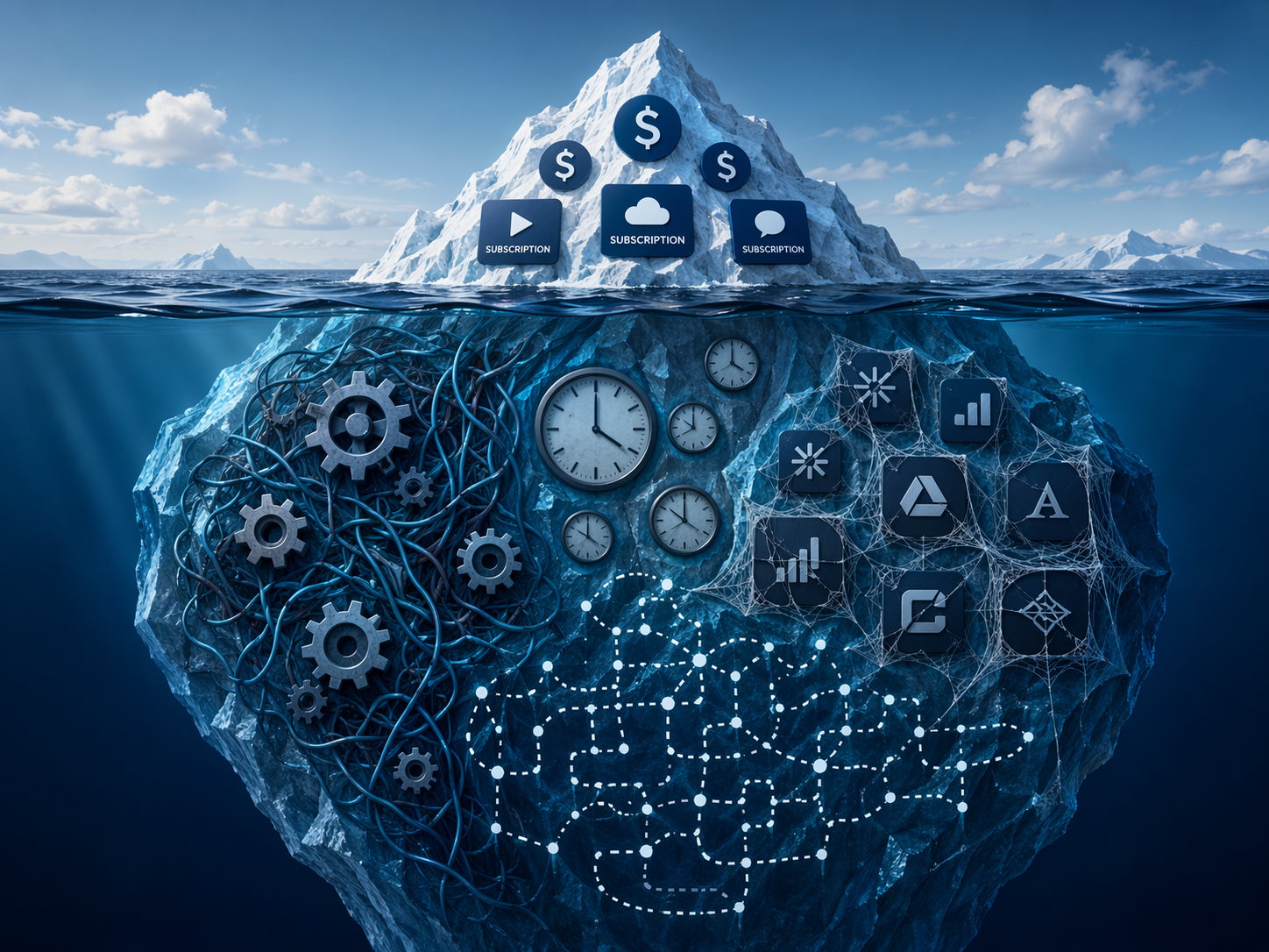 Iceberg showing visible subscription costs above the waterline and hidden integration, switching, unused license, and measurement costs below