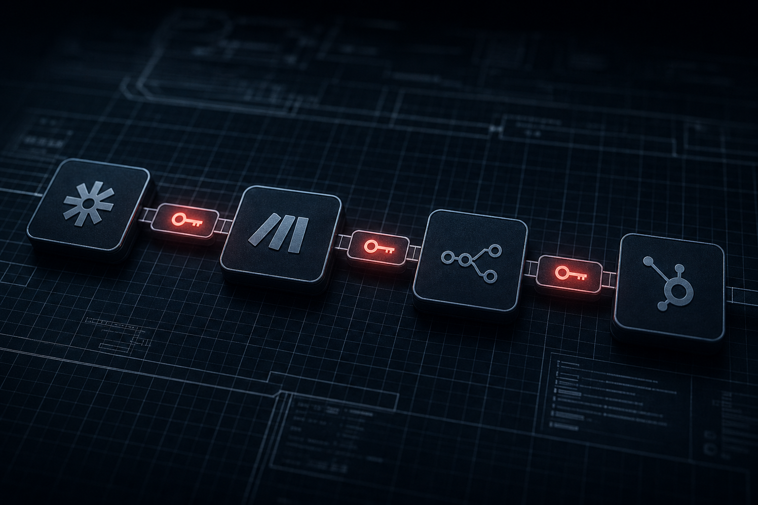 Automation workflow blocks with glowing red key icons showing hidden API credentials