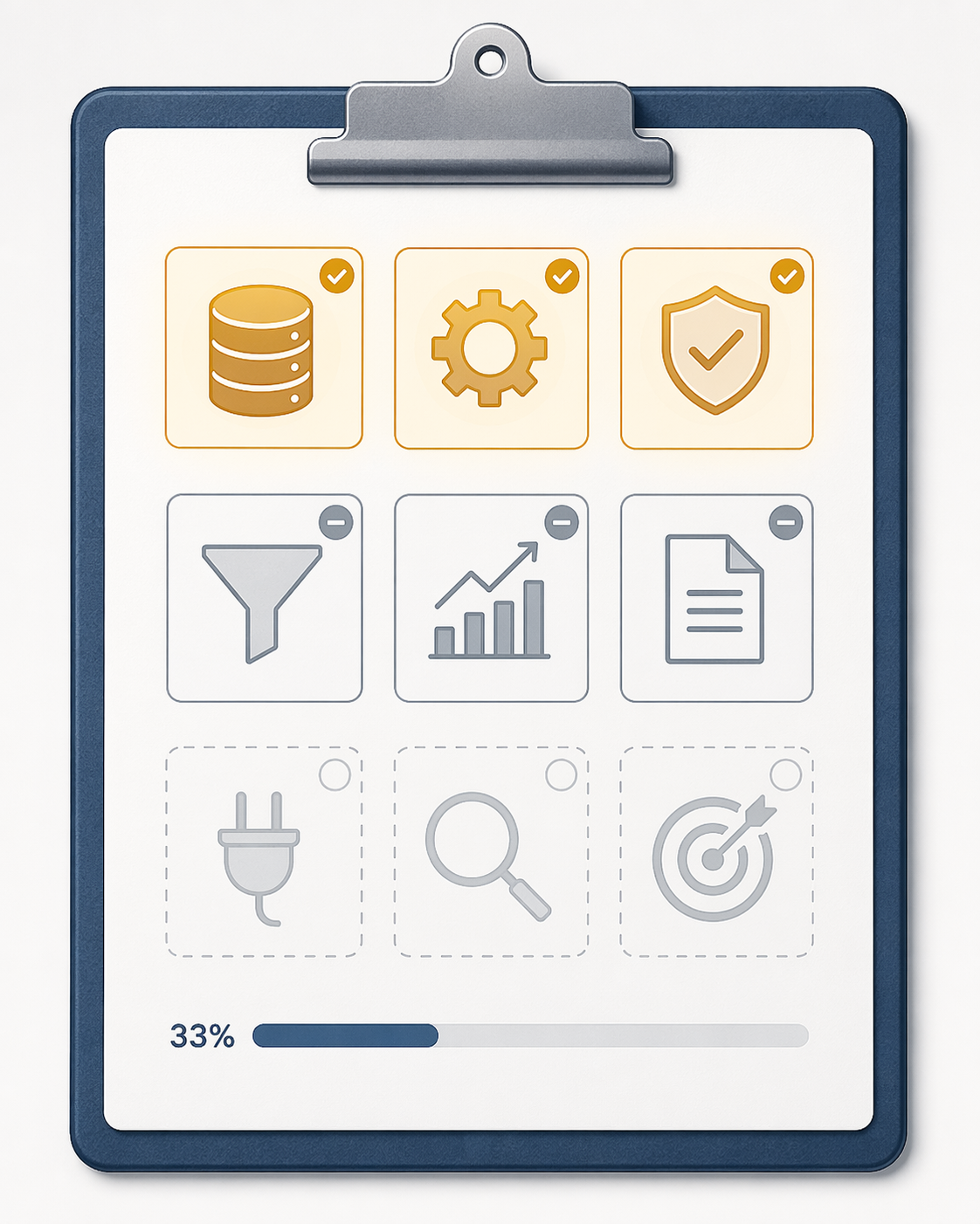 Diagnostic checklist concept showing a 3x3 grid of 9 icon nodes representing data, integration, ownership, measurement, and governance readiness. Top row nodes glow amber, middle row is gray, bottom row is muted, with a progress bar at the bottom reading approximately 33%.