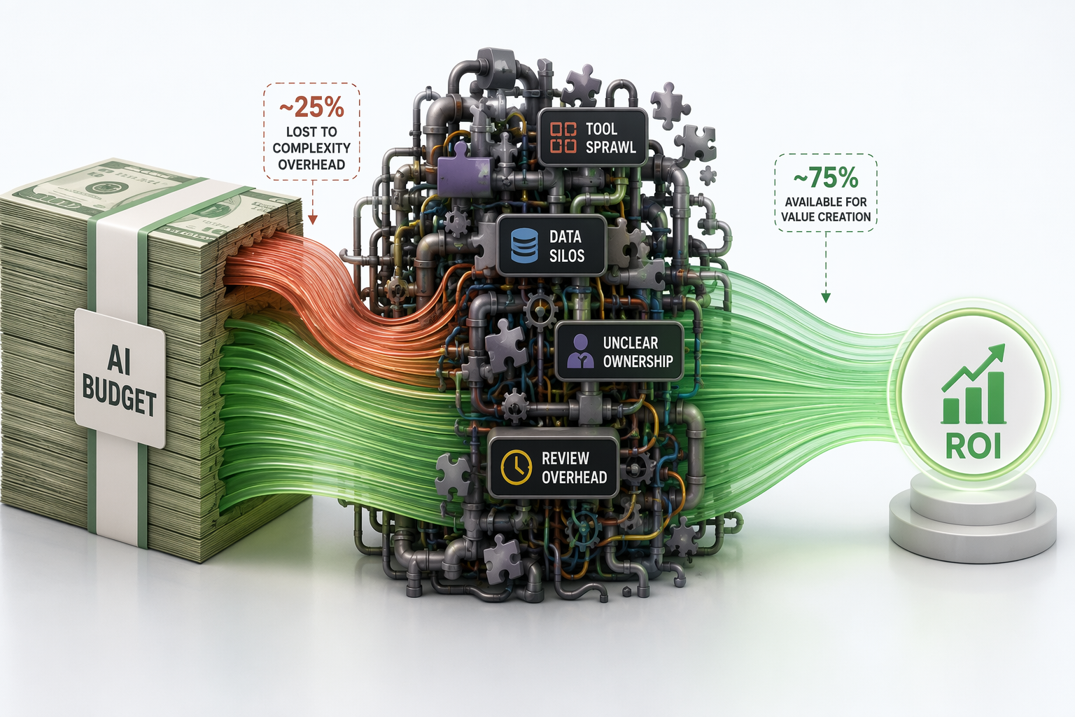 AI budget diverted through complex pipes before reaching ROI
