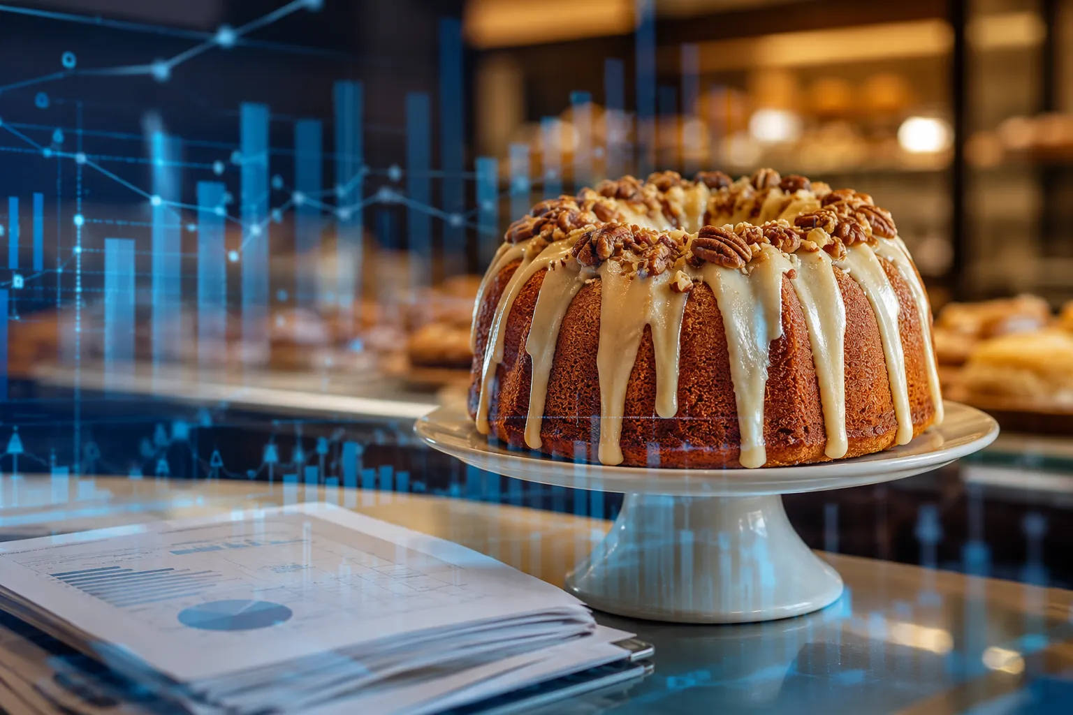 Decorated bundt cake on a bakery counter with financial document and spreadsheet overlays
