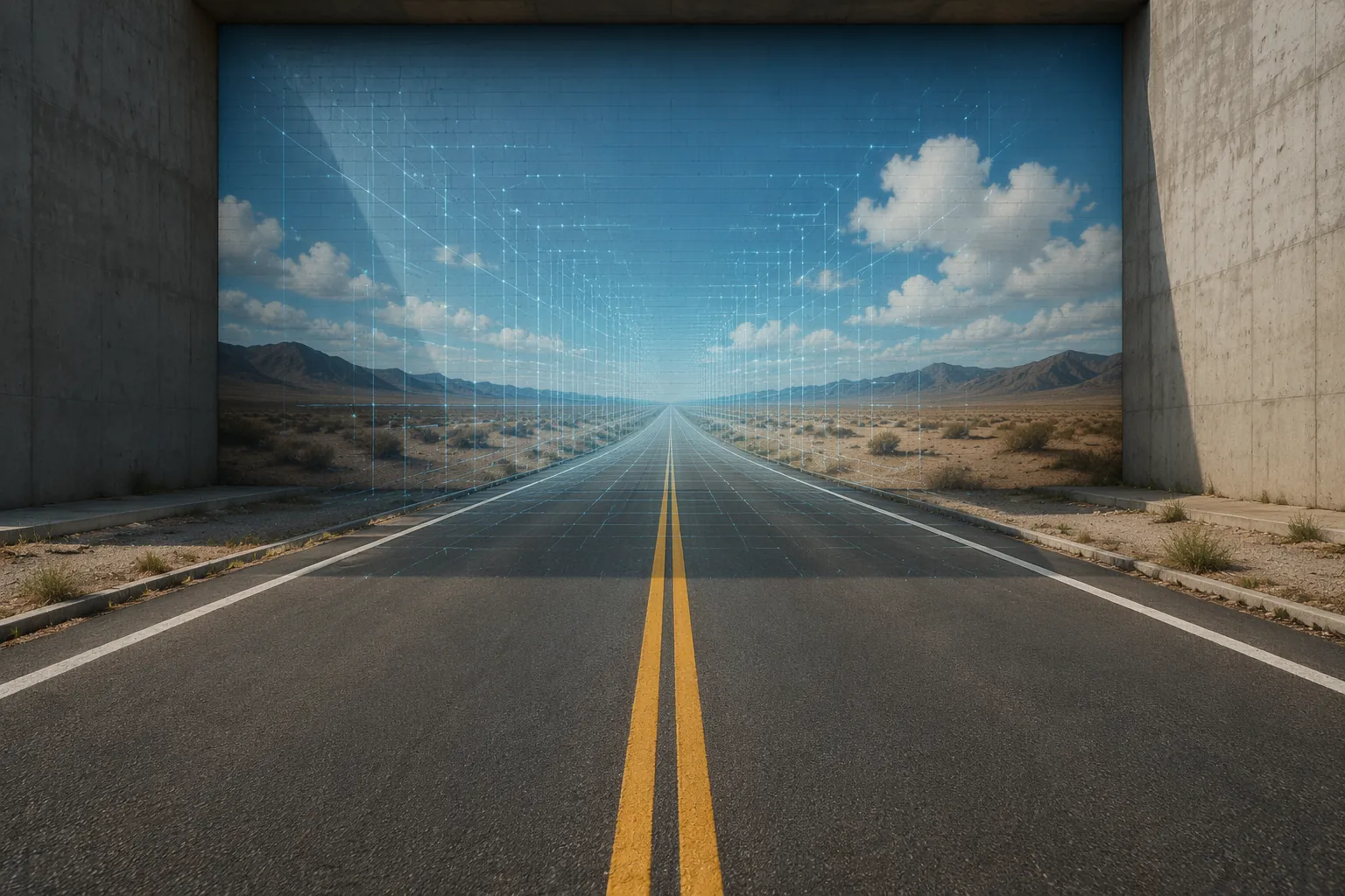 Open road illusion painted onto a wall with a digital grid overlay
