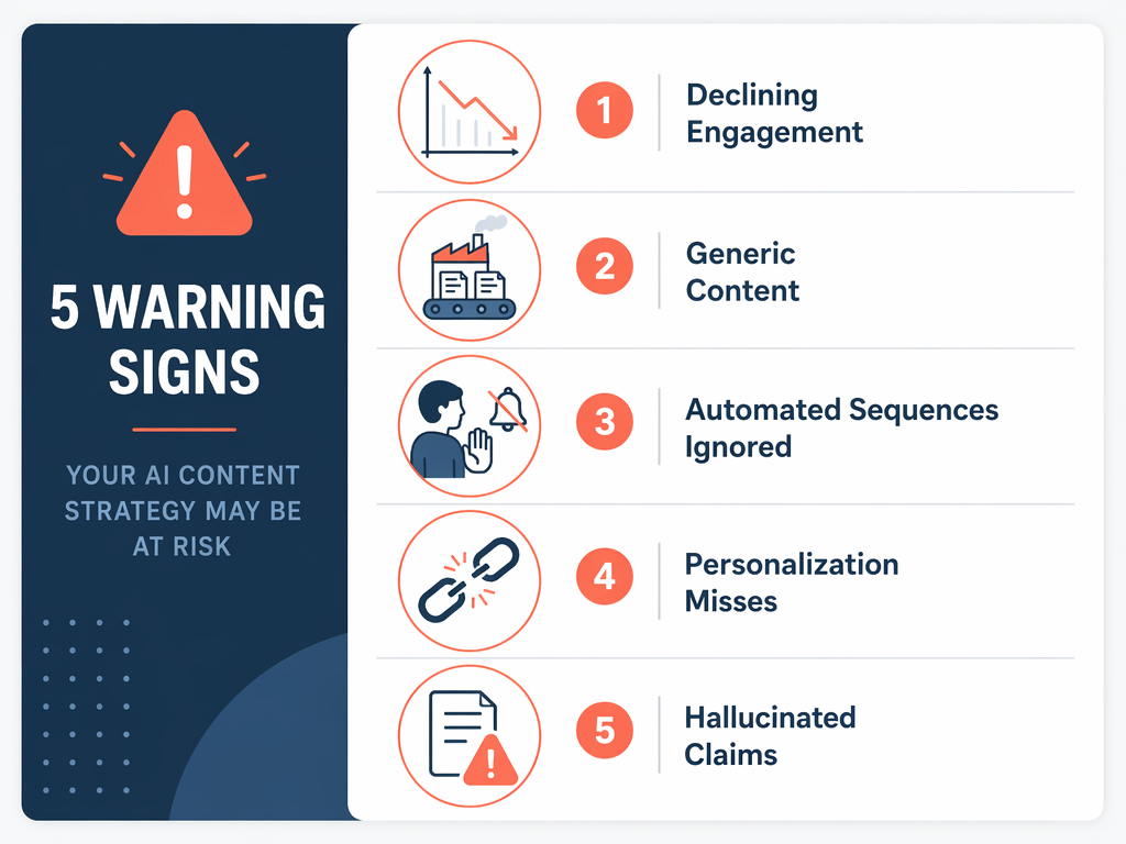 A checklist-style infographic showing five warning sign icons: declining engagement, generic content, ignored notifications, broken personalization, and data errors.