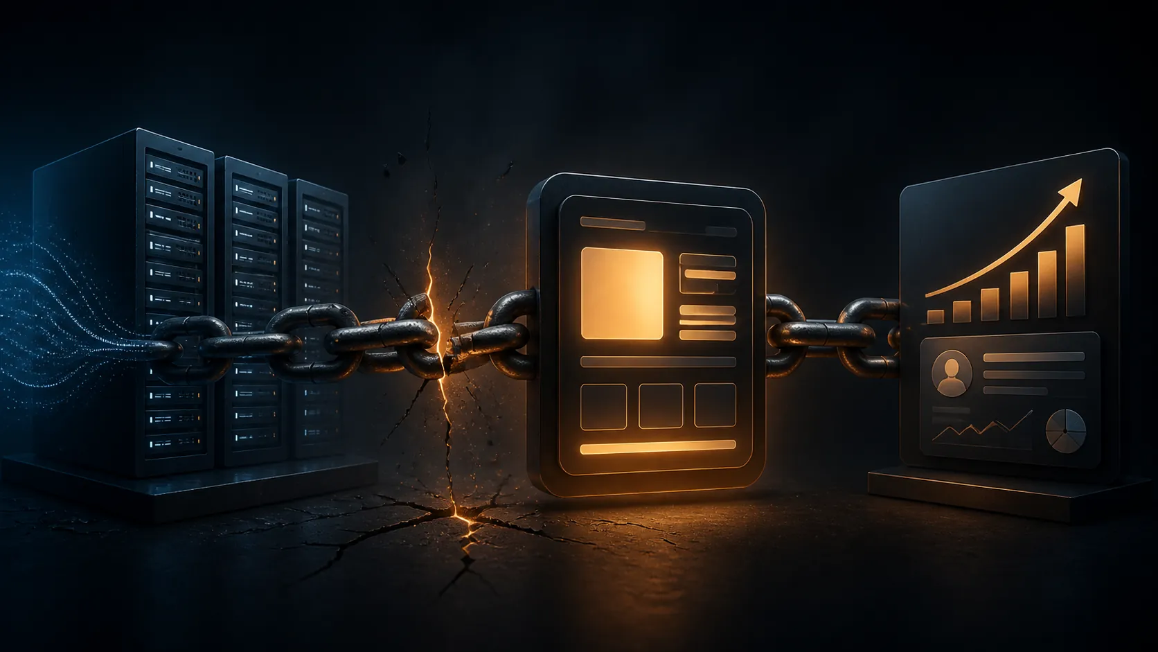 Conceptual chain linking Nebius AI infrastructure, Meta ad platform systems, and Advantage+ advertiser performance, with a crack between infrastructure and platform