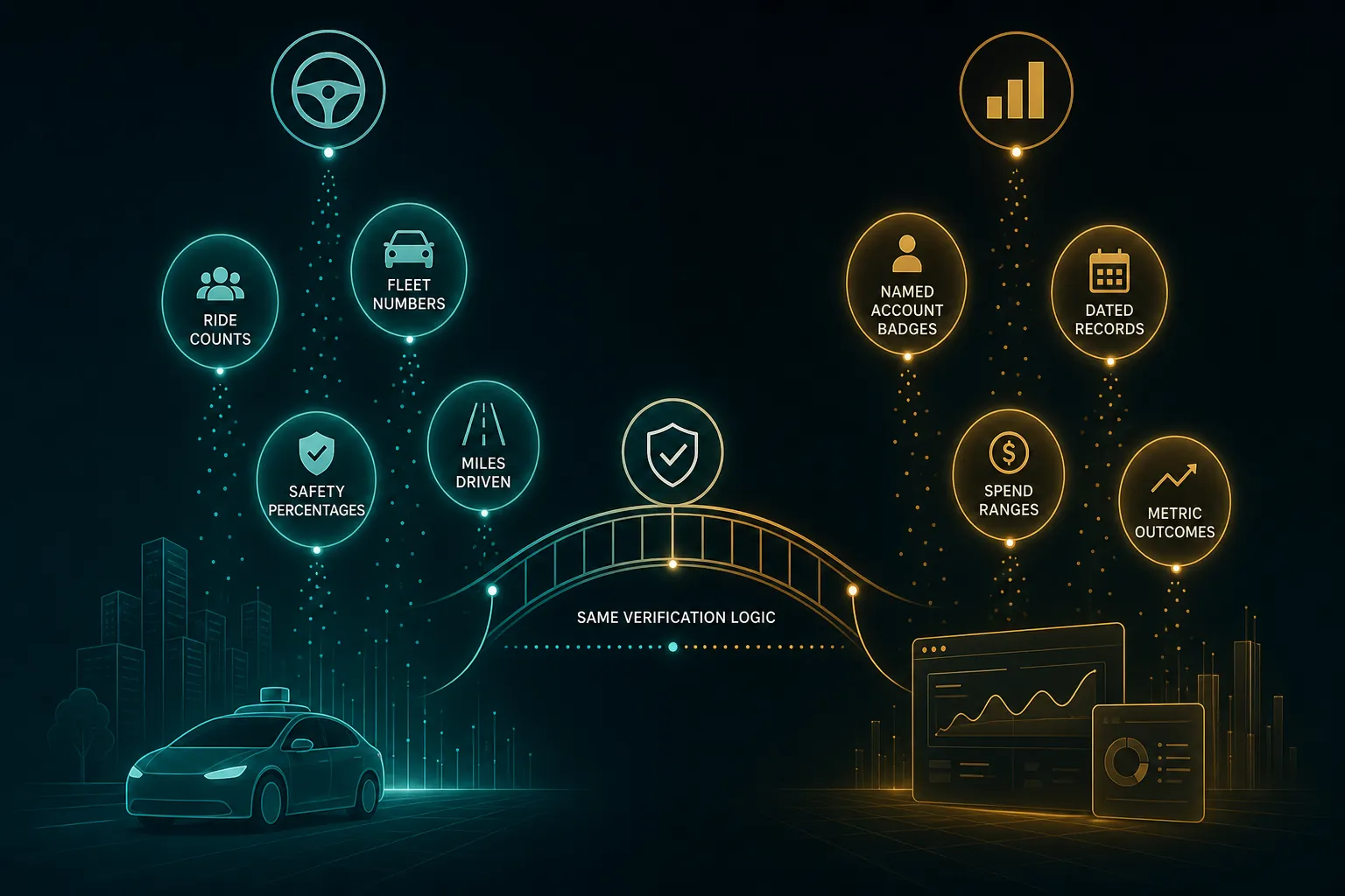 Verification logic connecting autonomous vehicle metrics to AI ad platform benchmarks