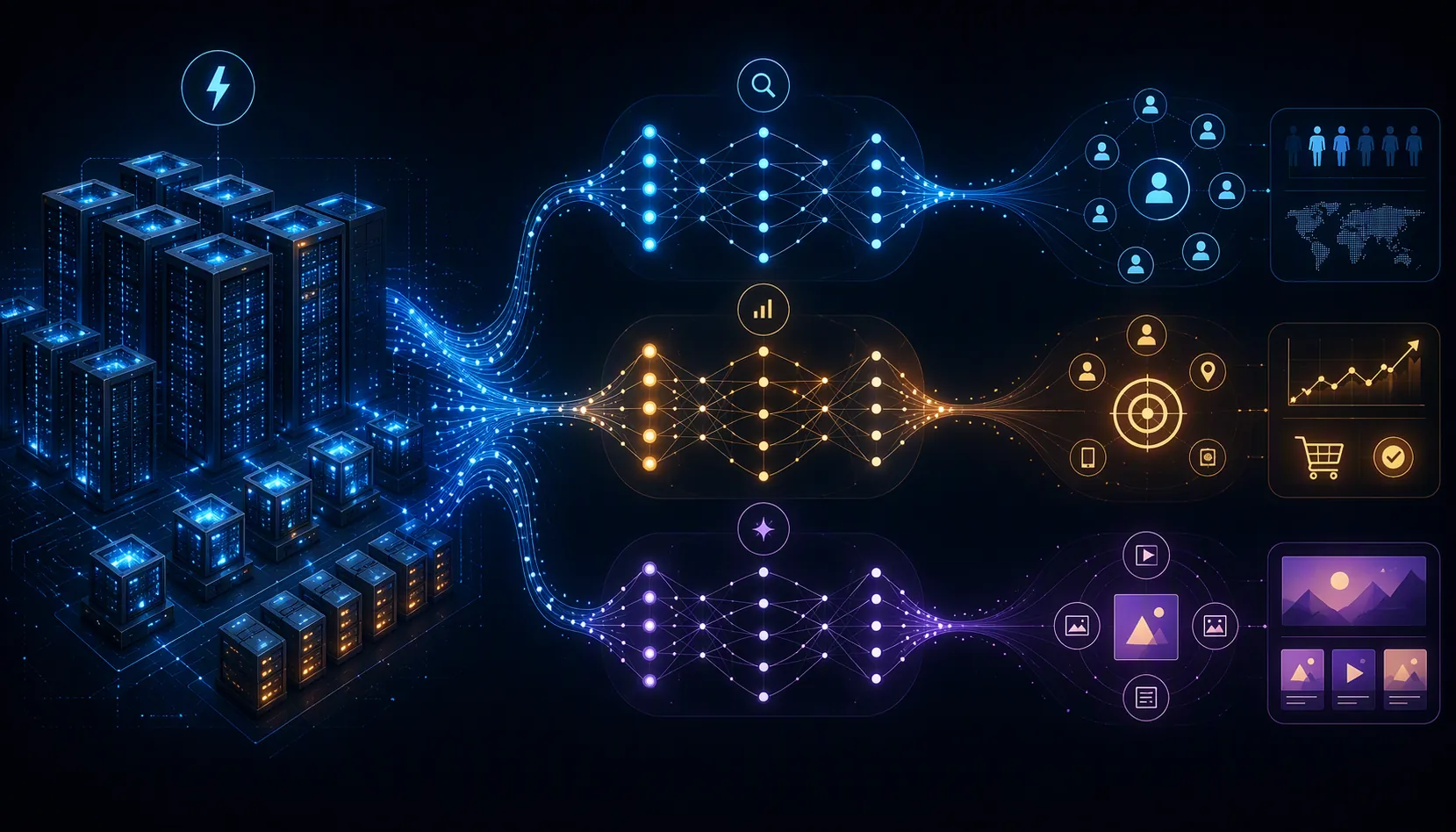 Flowchart showing data center infrastructure feeding retrieval, ranking, creative optimization, and ad-serving outcomes