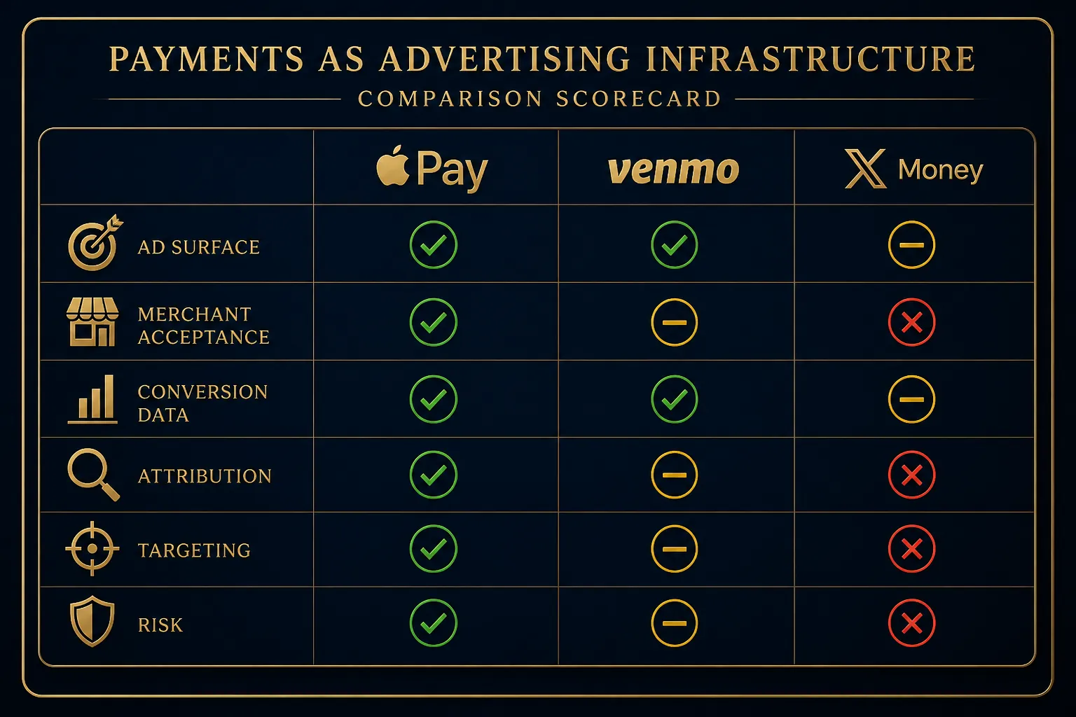 Comparison scorecard for Apple Pay, Venmo, and X Money across advertiser criteria