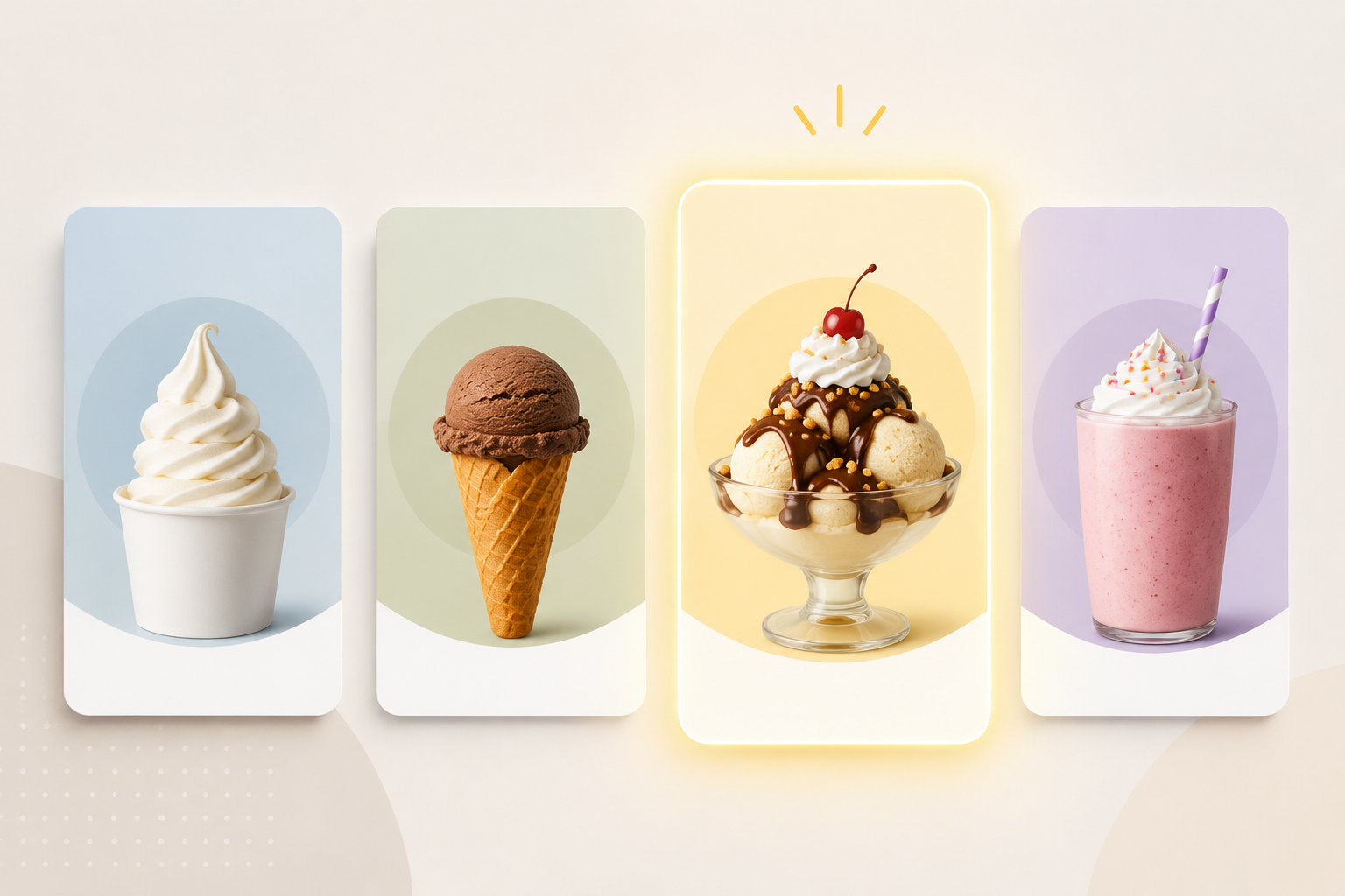 Four loyalty offer cards arranged as an A/B test comparison with one winning ice cream offer highlighted